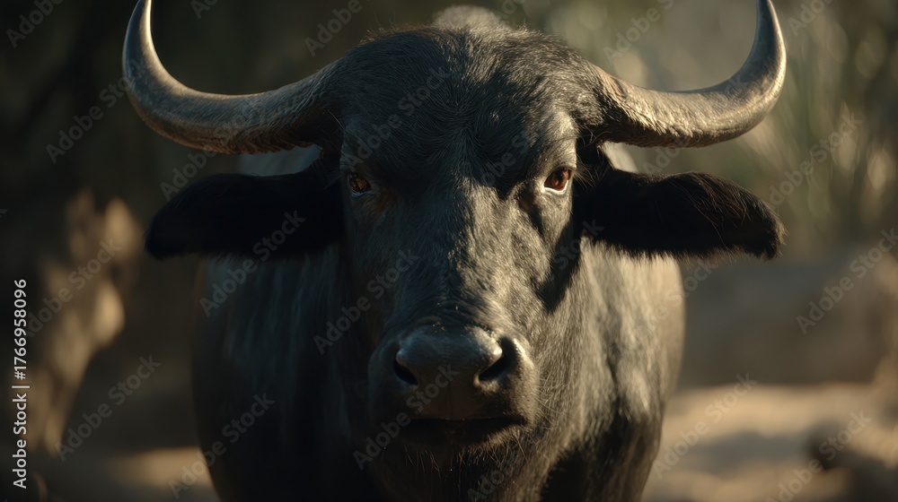 Naklejka premium Close up frontal view of a dark haired Cape buffalo with curved horns and intense eyes outdoors