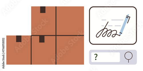 Stacked boxes, digital signature pad, and magnifying glass in search bar. Ideal for shipping, e-commerce, order tracking, logistics, fulfillment inventory customer service. Simple flat metaphor