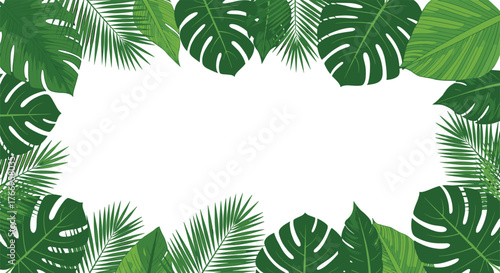 A border of lush green tropical leaves including monstera and palm varieties, creating a frame for text.
