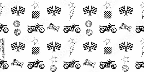Seamless pattern of hand drawn black and white motocross bikes checkered flags stars and lightning bolts