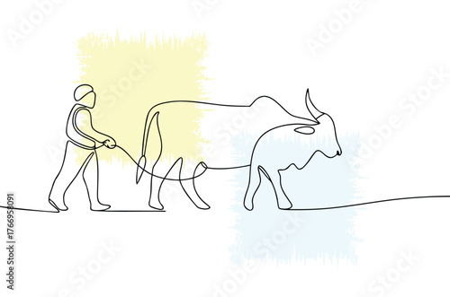 Single Line Drawing of a Cattle Herder with Oxen for Farming and Agriculture Depicting Traditional Rural Life and Sustainable Farming Practices in a Minimalist Aesthetic