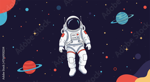 Astronaut floating in colorful space with planets and stars.