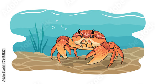 A cartoon orange crab with prominent claws stands on a sandy seabed under the ocean waves.