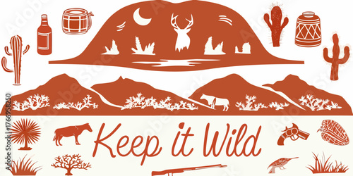 Rustic western desert landscape with wildlife and keep it wild text