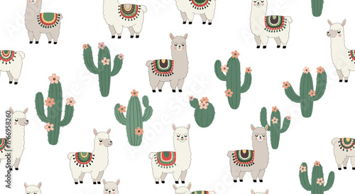 Cute cartoon llamas and cacti with flowers pattern on a white background.