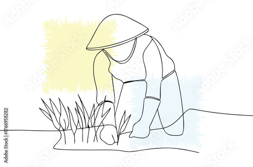 Continuous Line Art of a Farmer Planting Rice with Brush Stroke Backgrounds in Minimalist Style for Agricultural and Rural Concepts