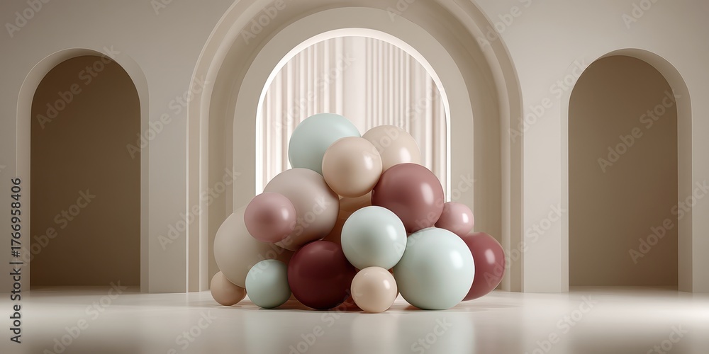 Fototapeta premium A pile of pastel colored spheres stacked in front of arched doorways and soft drapes