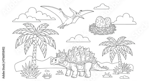 A prehistoric scene features a dinosaur, a pterodactyl, palm trees, clouds, and a nest with eggs.