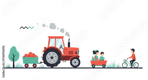 Red tractor pulling a wagon of apples with a family riding in a cart and a boy on a bicycle on a white background.