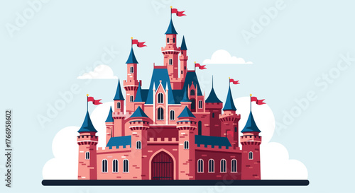 A stylized illustration of a pink fairytale castle with blue turrets and red flags against a light blue sky.