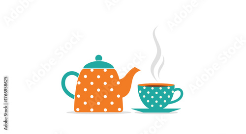 Cute polka dot teapot and steaming teacup on a saucer illustration.