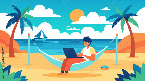 A virtual assistant completes tasks from a beachside hammock the peacefulness and serenity of the coastal retreat allowing for ultimate productivity.. Vector illustration