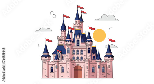 A whimsical pink castle with blue roofs and red flags under a bright sun and clouds.