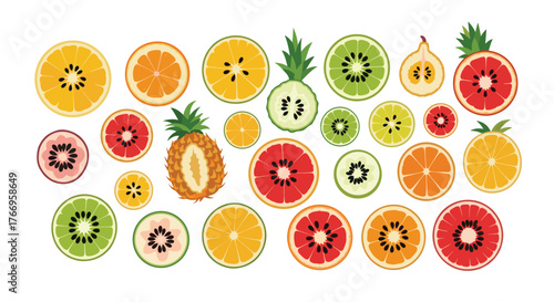 A colorful collection of various sliced fruits arranged in a playful pattern.