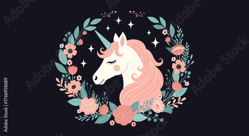 Cute illustration of a unicorn head surrounded by a floral wreath and stars on a dark background.