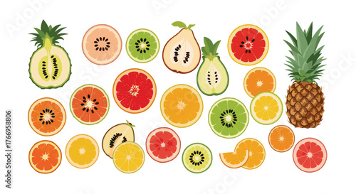 A vibrant assortment of sliced and whole citrus fruits and other fruits displayed on a white background.