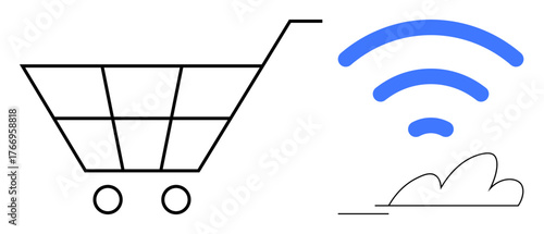Shopping cart beside blue wireless symbol paired with a cloud outline, representing online shopping, e-commerce, digital connectivity, cloud services, technology, retail innovation. Ideal