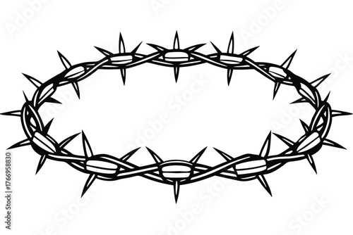 Black crown comprised of interwoven thorns is displayed against a plain white backdrop