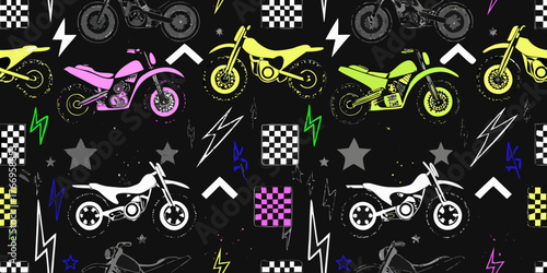 Energetic motocross pattern featuring colorful dirt bikes lightning bolts and checkered flags