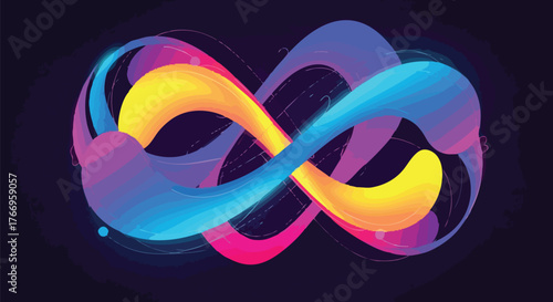 A fluid organic infinity symbol made of colorful swirling ribbons in shades of blue, pink, yellow, and purple against a dark background.