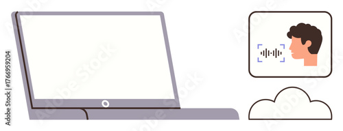 Open laptop connected to a cloud storage alongside a profile indicating voice recognition. Ideal for remote work, AI, speech technology, cloud services, automation, data security, tech innovation