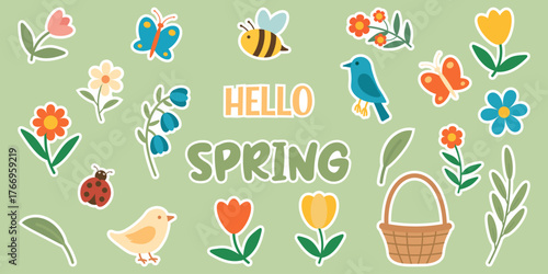 Vector set of “Hello Spring” elements featuring blooming flowers, bees, butterflies, birds, a flower basket, and a ladybug. Bright cheerful collection for seasonal design projects. Sticker collection.