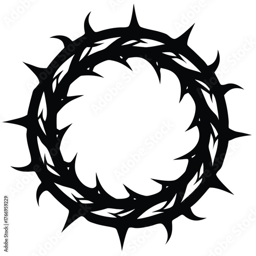 Isolated black crown of sharp thorns encircles a clear empty space against white