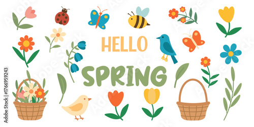 Vector set of “Hello Spring” elements featuring blooming flowers, bees, butterflies, birds, a flower basket, and a ladybug. Bright cheerful collection for seasonal design projects.