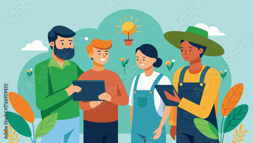 A group of farmers gathers around a tablet admiring the realtime data being generated by an AIpowered crop simulation model. They discuss the potential impact on their upcoming. Vector illustration