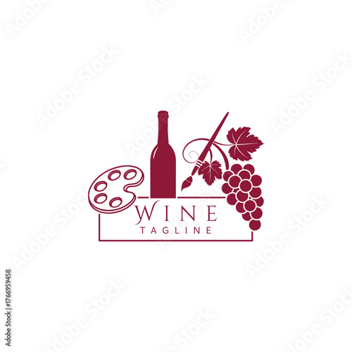 Wine illustration featuring a bottle grapes palette and artist s brush