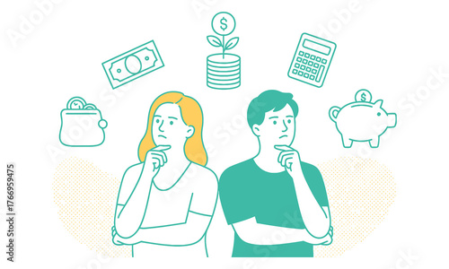Contemplative man and woman consider investment opportunities including growth and savings, presented in line art