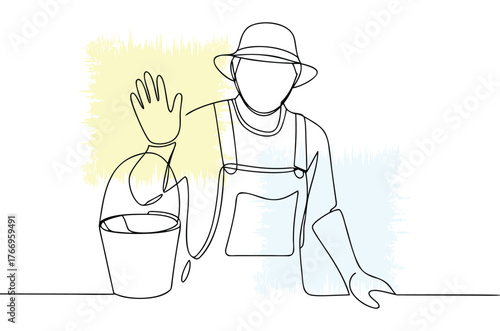 Continuous line drawing of a farmer with bucket and hat agriculture rural worker minimalist vector design depicting agrarian lifestyle and manual labor in the countryside