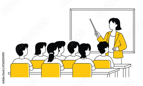 Educator pointing stick to the whiteboard teaching students in minimalist style transparent background