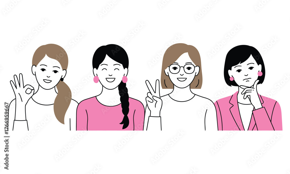 Naklejka premium Four diverse ethnicity women displaying different expression and gestures on the white background