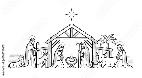 Nativity scene with Mary, Joseph, and animals gathered around baby Jesus in a stable setting