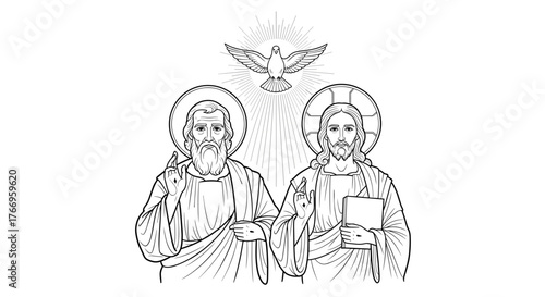 Holy Trinity depiction of God the Father and Jesus Christ with dove above in a detailed line art style