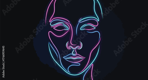 Abstract minimalist neon head silhouettes of a woman's face in pink and blue hues against a black background with a futuristic feel.