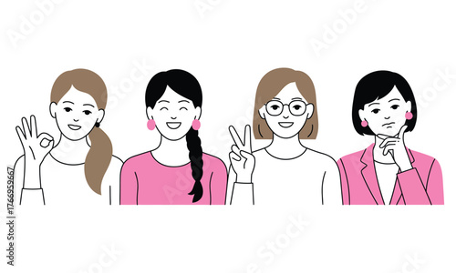 Four diverse ethnicity women displaying different expression and gestures on the white background
