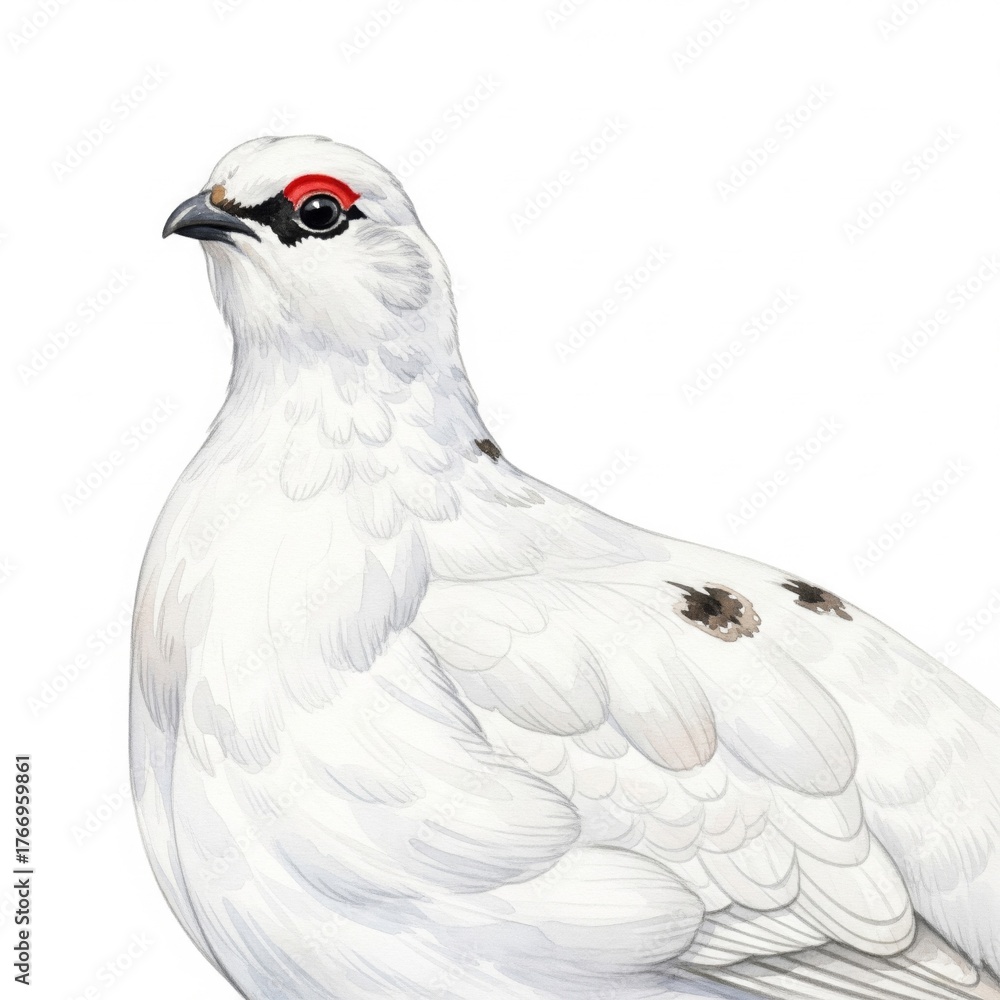 Naklejka premium White Ptarmigan Bird Illustration with Red Eyebrow and Speckled Feathers on White Background
