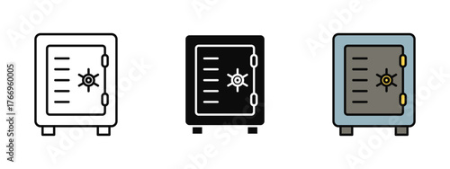 Safe locker icon created in stroke, fill, and color variations, isolated on a white background. Perfect for banking apps, security dashboards, finance platforms, and money protection concepts.