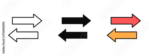Transaction arrows icon set designed in stroke, fill, and color styles, isolated on a white background. Ideal for finance apps, data dashboards, payment systems, and currency exchange.