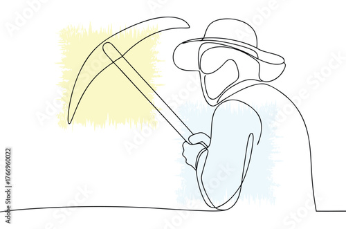 Continuous line drawing of a miner with a pickaxe wearing a hat depicting labor and hard work with minimalist design and creative illustration