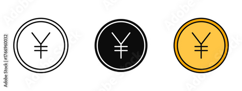 Yen symbol icon set designed in stroke, fill, and color styles, isolated on a white background. Perfect for financial apps, currency dashboards, trading platforms, and international business concepts.