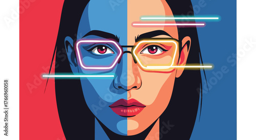 Abstract minimalist neon head silhouettes of a woman with glasses against a colorful background.