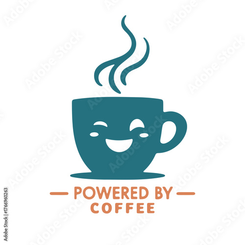 Illustration of a teal coffee cup with steam and a smiling face above the words powered by coffee text