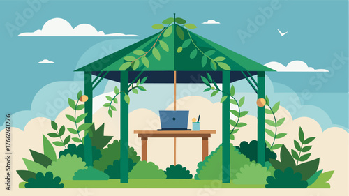 A vinecovered gazebo becomes a makeshift office space providing shade and a picturesque backdrop for a day of remote work.. Vector illustration