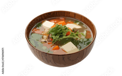 Misco soup with tofu in brown bowl isolated on transparent background