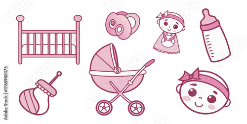 Charming baby girl icons collection perfect for nursery decor and newborn announcements
