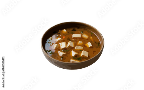 Misco soup with tofu in brown bowl isolated on transparent background