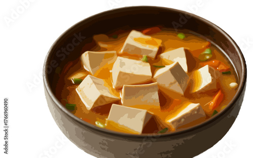 Misco soup with tofu in brown bowl isolated on transparent background